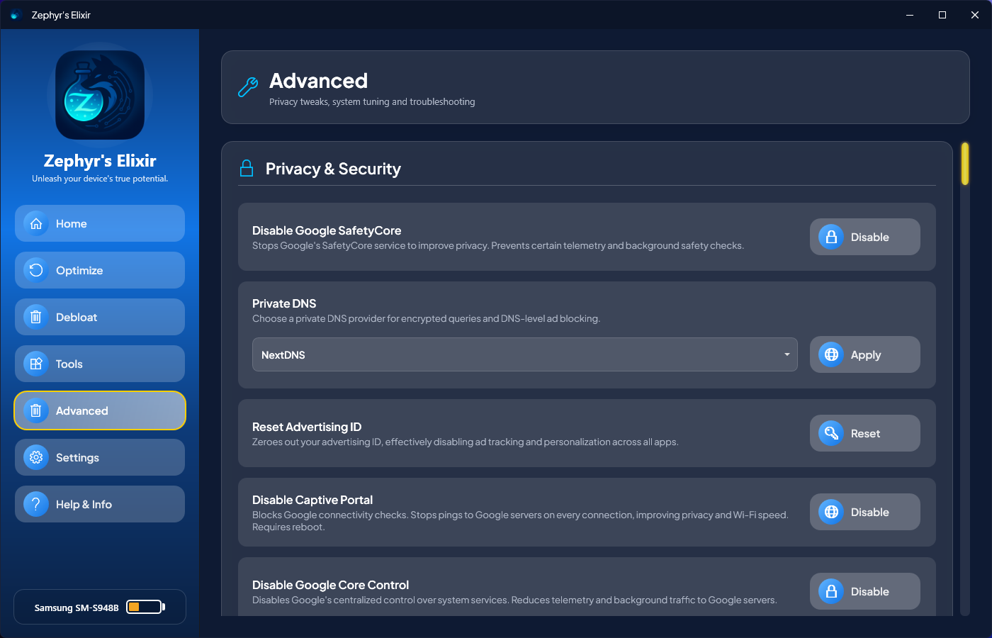 The Advanced page
