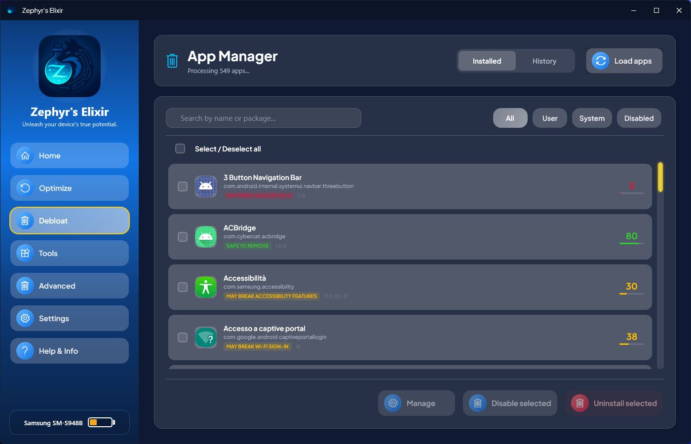 Debloat, with an app selection in progress