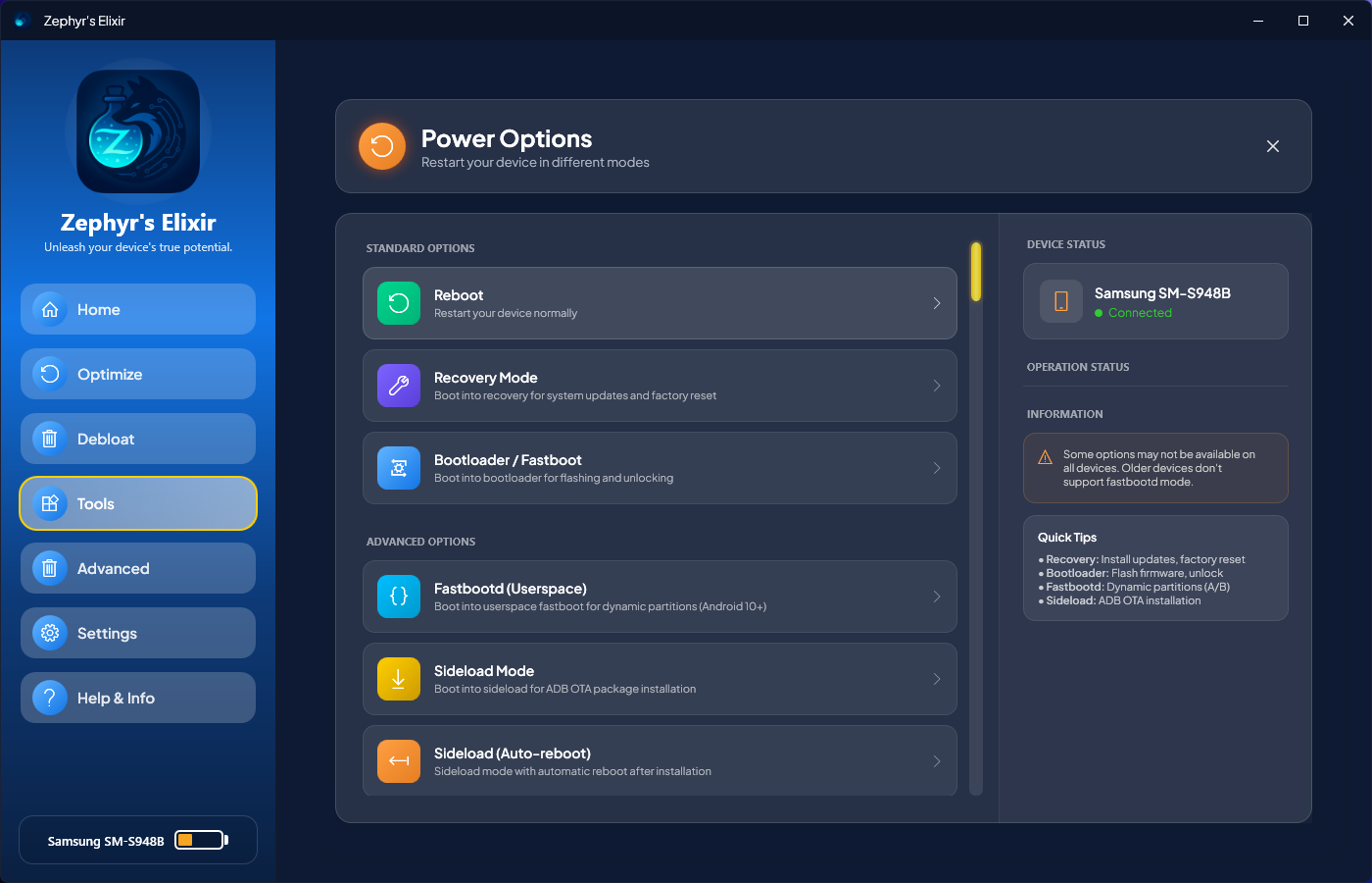 The Power Options menu