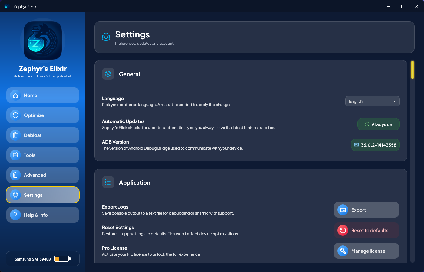 The Settings page