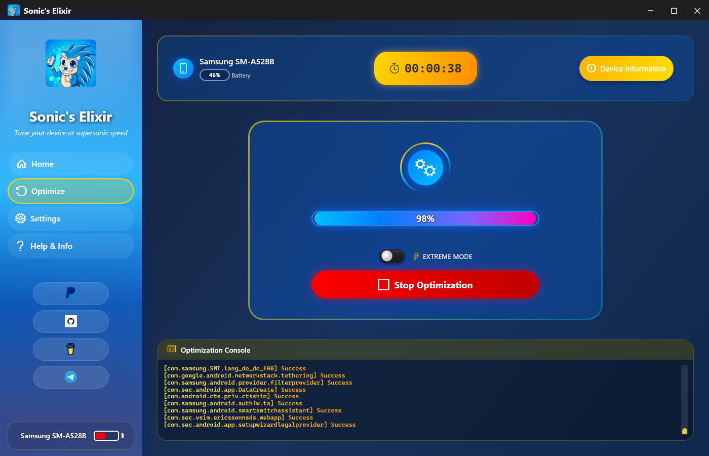 Sonic's Elixir app interface showing optimization features